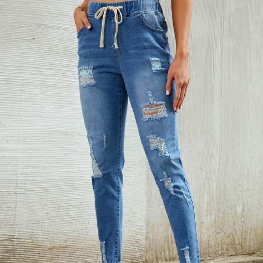 NWOT Floral Blooming | Blue Distressed Drawstring-Waist Jeans Size M - PB1-8